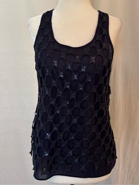 Dex Navy Sequin Mesh Tank Top XS Mermaidcore Sheer Layered Y2K Glam Goth